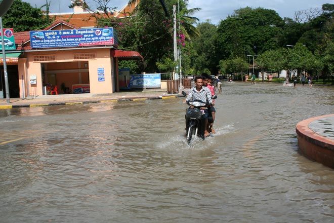 The flooded streets of Siem Reap during rainy season.