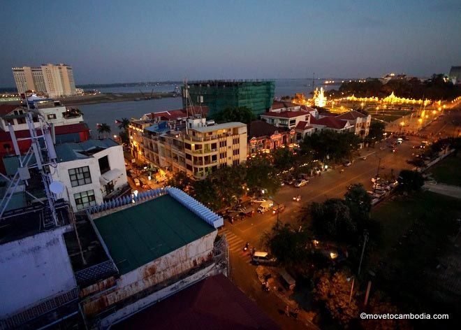 View from the Frangipani Royal Palace hotel's rooftop bar at sunset.