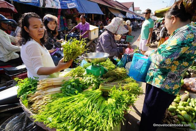 Buying ingredients at a Cambodian market.